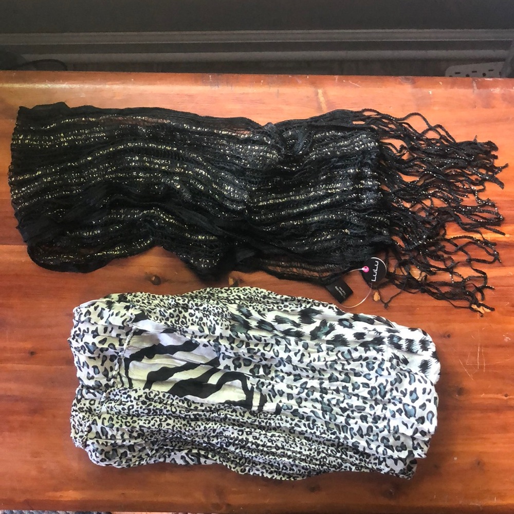 Scarf Set of 2 Animal Print Infinity and Black & Gold Fringe Scarf